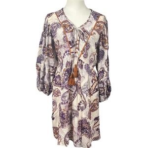 Band of the Free FP Lyonette Cream Purple Paisley Print Tassel Mini Dress Medium